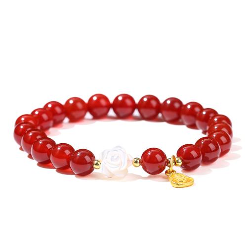 agate rouge bracelet, avec coquille blanche & laiton & alliage de zinc, fait à la main, style folk & pour femme Environ 7-8 pouce, Vendu par PC