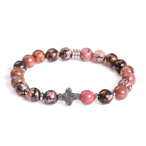 Rhodochrosite Bracelet, with 304 Stainless Steel & Zinc Alloy, Four Leaf Clover, handmade, folk style & for woman Approx 7-7.5 Inch [