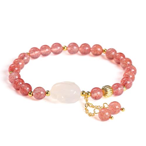 Strawberry Quartz Bracelet, with Agate & Brass, Rabbit, handmade, fashion jewelry & for woman Approx 6.5-7 Inch [