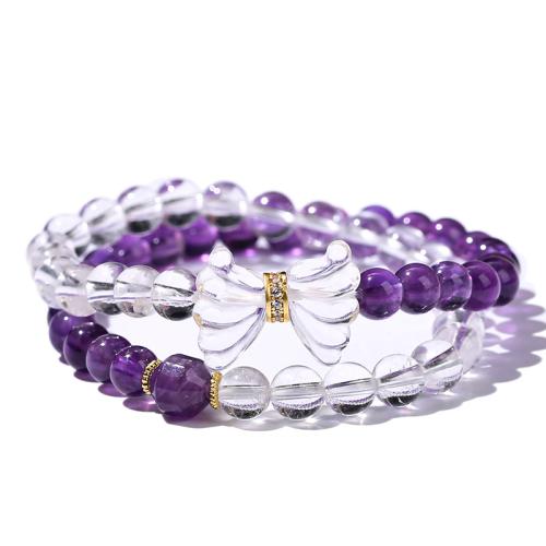 Amethyst Bracelet, with Clear Quartz & Brass, Bowknot, handmade, Double Layer & for woman Approx 6.5-7.5 Inch 