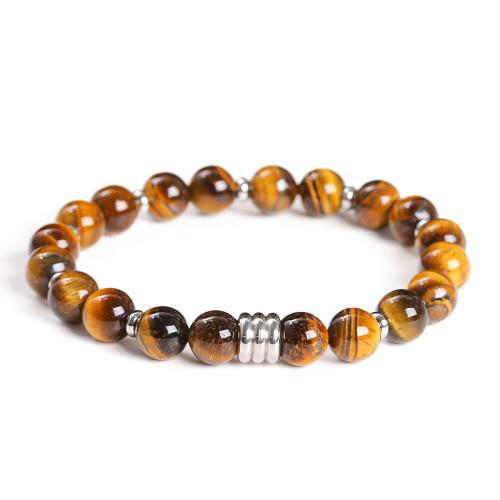 Tiger Eye Bracelet, with 304 Stainless Steel, Round, handmade & Unisex, beads length 8mm Approx 7-7.5 Inch 