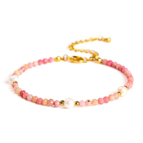 Rhodochrosite Bracelet, with Plastic Pearl & 304 Stainless Steel, handmade, for woman & faceted, beads length 3mm Approx 6.5-7 Inch 