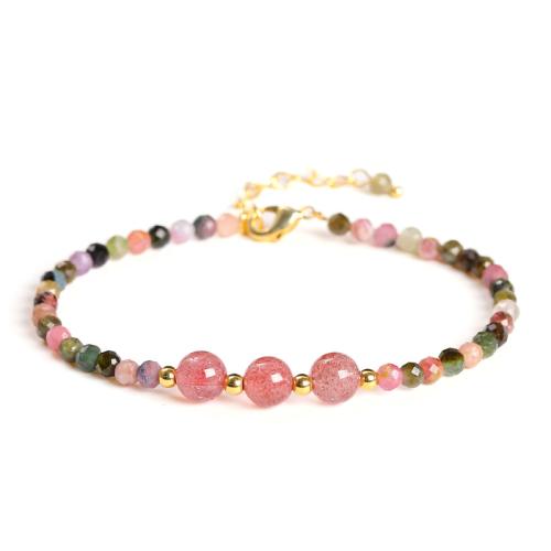 Tourmaline Bracelet, with Strawberry Quartz & Brass, handmade, fashion jewelry & for woman Approx 6.5-7 Inch 