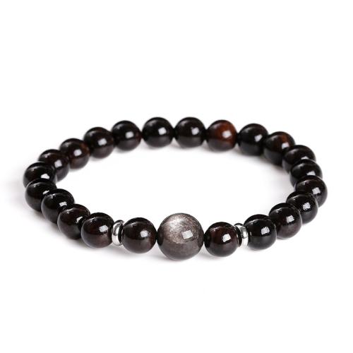 Argent-Obsidienne bracelet, avec black Sandalwood & Acier inoxydable 304, Rond, fait à la main, bijoux de mode & unisexe Environ 7-8 pouce, Vendu par PC