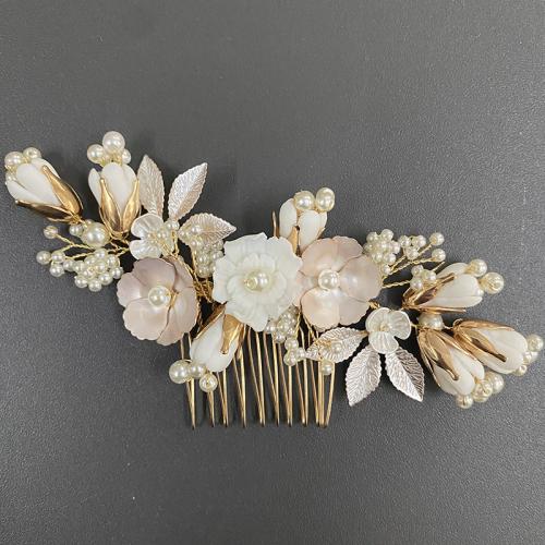 Decorative Hair Combs, Zinc Alloy, with Porcelain & Plastic Pearl, handmade, for bridal & for woman, golden 