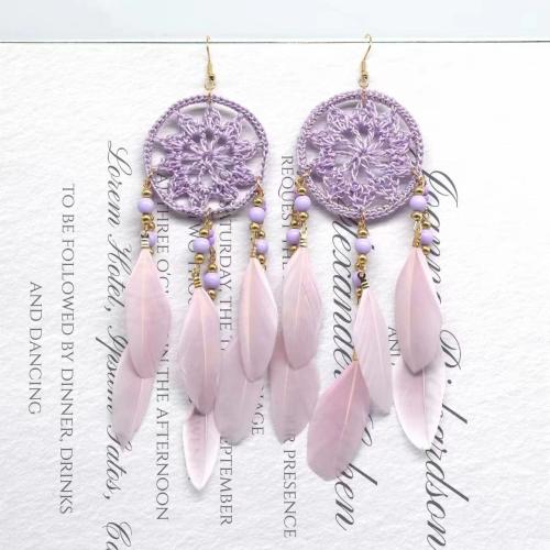 Dream Catcher Earring, Feather, with Knot Cord & Seedbead & Zinc Alloy & Acrylic, gold color plated, fashion jewelry & for woman 