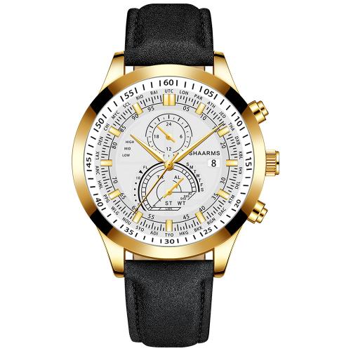 Bracelets de montre pour hommes, cuir PU, avec verre & alliage de zinc, Plat rond, mouvement chinoise & givré, plus de couleurs à choisir Vendu par PC