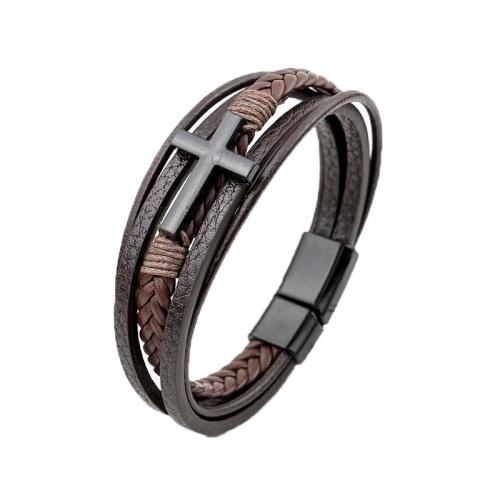 PU Leather Cord Bracelets, with Zinc Alloy, Cross, Vacuum Ion Plating, fashion jewelry & for man cm 