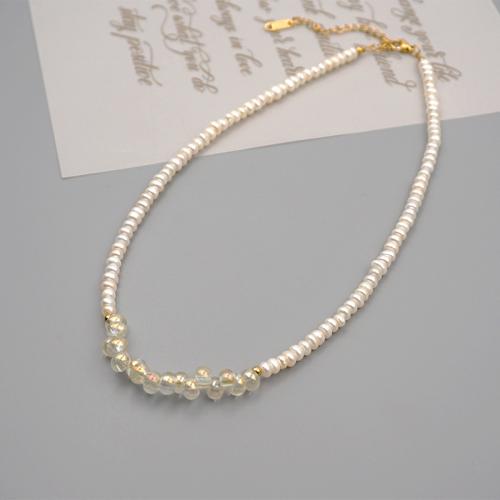 Natural Freshwater Pearl Necklace, Titanium Steel, with Freshwater Pearl & Crystal, with 5.5cm extender chain, plated, fashion jewelry cm 