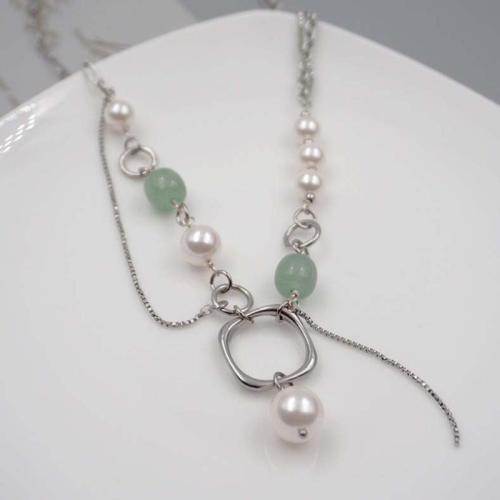 Titanium Steel Jewelry Necklace, with Crystal Pearl & Jade, plated, fashion jewelry, silver color cm 