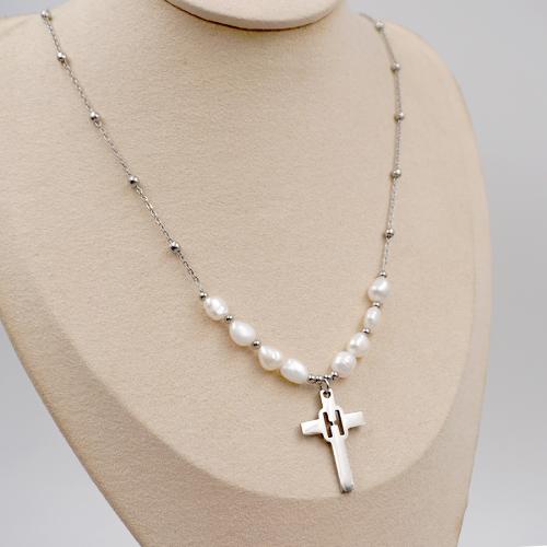 Natural Freshwater Pearl Necklace, Titanium Steel, with Freshwater Pearl, with 6cm extender chain, Cross, plated, fashion jewelry, silver color cm 
