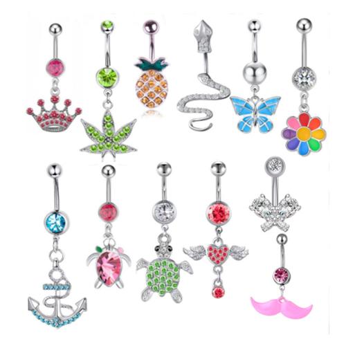 Belly Ring Jewelry, Zinc Alloy, with 316 Stainless Steel, Unisex & micro pave cubic zirconia & enamel 5MM steel ball *1.6*11MM bend rod 