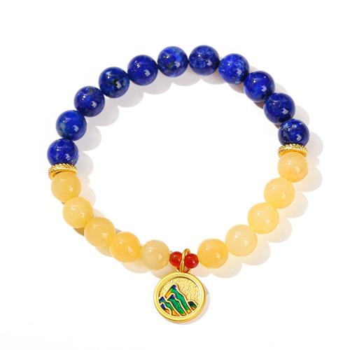Lapis lazuli bracelet, avec Jade brun pâle & laiton, Rond, fait à la main, bijoux de mode & pour femme, beads length 8mm Environ 7-7.5 pouce, Vendu par PC