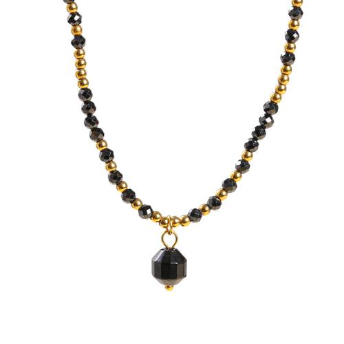 Black-Spinel (En) collier, avec Acier inoxydable 304, avec 2inch chaînes de rallonge, Motif géométrique, fait à la main, bijoux de mode & pour femme & facettes Environ 15 pouce, Vendu par PC
