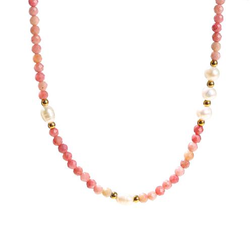 Rhodochrosite Necklace, with Shell Pearl & 304 Stainless Steel, with 2inch extender chain, handmade, fashion jewelry & for woman & faceted Approx 15 Inch 
