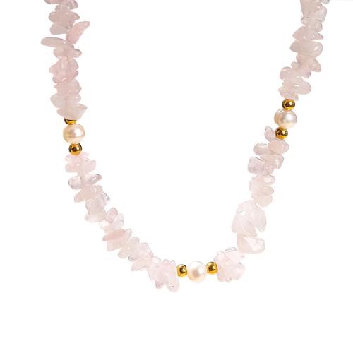 quartz rose collier, avec Shell Pearl & Acier inoxydable 304, avec 2inch chaînes de rallonge, fait à la main, bijoux de mode & pour femme Environ 14.2 pouce, Vendu par PC