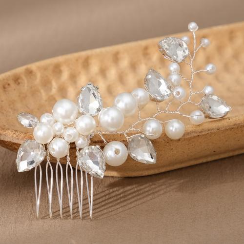 Braut Dekoratives Haarkämmchen, Zinklegierung, mit Kunststoff Perlen, Modeschmuck & für Frau & mit Strass, Silberfarbe, 120x55mm, verkauft von PC[