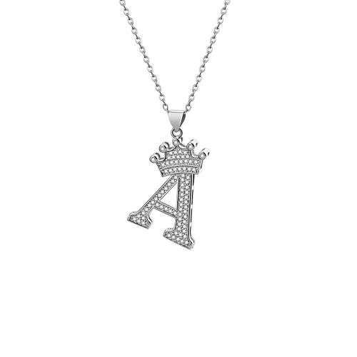 Cubic Zirconia Stainless Steel Necklace, 304 Stainless Steel, with Brass, with 5cm extender chain, Alphabet Letter, silver color plated, fashion jewelry & micro pave cubic zirconia & for woman cm 