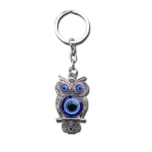 Turquie verre porte-clés, alliage de zinc, avec chalumeau, hibou, Placage de couleur argentée, unisexe, bleu, 105mm, Vendu par PC