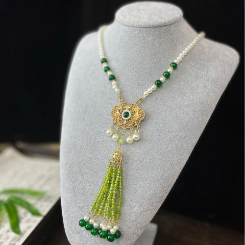Fashion Fringe Necklace, Zinc Alloy, with Seedbead & Plastic Pearl, gold color plated, for woman, green cm 