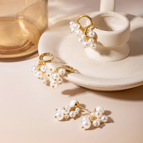 Edelstahl Tropfen Ohrring, 304 Edelstahl, mit ABS-Kunststoff-Perlen, plattiert, Modeschmuck & verschiedene Muster für Wahl, goldfarben, verkauft von Paar