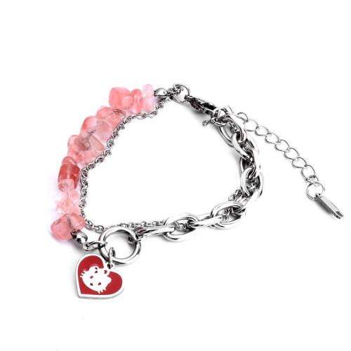 Stainless Steel Charm Bracelet, 304 Stainless Steel, with Natural Stone, with 5cm extender chain, polished, fashion jewelry & Unisex, original color Approx 17 cm [