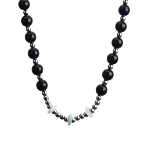 Stainless Steel Jewelry Necklace, 304 Stainless Steel, with Jade & Plastic Pearl, with 10cm extender chain, polished, fashion jewelry & Unisex, black Approx 40 cm 