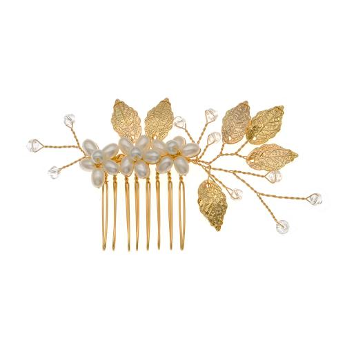 Braut Dekoratives Haarkämmchen, Zinklegierung, mit Kunststoff Perlen, goldfarben plattiert, Modeschmuck & für Frau, goldfarben, 100x55mm, verkauft von PC[