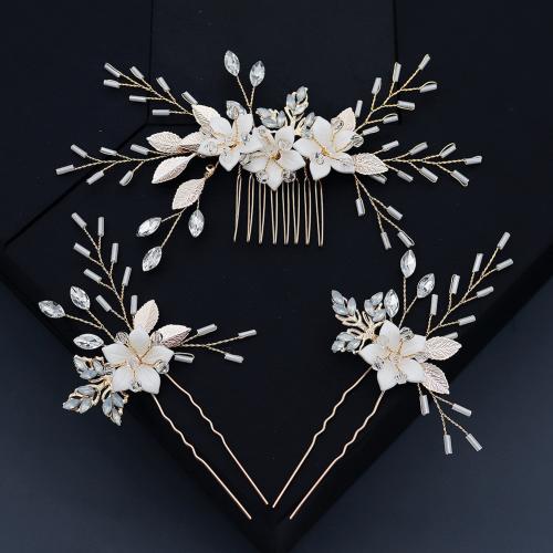 Zinc Alloy Hair Jewelry Set, hair comb & hair stick, with brass wire & Plastic Pearl, three pieces & for woman & with rhinestone, golden 