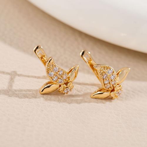Cubic Zirconia Micro Pave Brass Earring, Butterfly, gold color plated, fashion jewelry & micro pave cubic zirconia & for woman, golden 