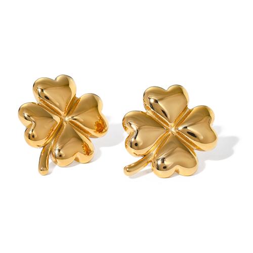 Stainless Steel Stud Earring, 304 Stainless Steel, Four Leaf Clover, 18K gold plated, fashion jewelry & for woman, golden 
