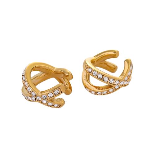 Stainless Steel Clip Earrings, 304 Stainless Steel, 18K gold plated, fashion jewelry & for woman & with rhinestone, golden 