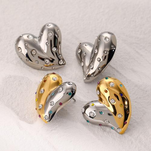 Stainless Steel Stud Earring, 304 Stainless Steel, Heart, Vacuum Ion Plating, fashion jewelry & for woman & with rhinestone 