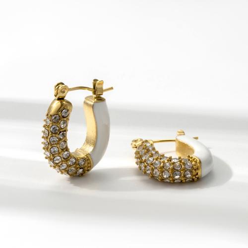 Titanium Steel Earrings, Vacuum Ion Plating & micro pave cubic zirconia & for woman & enamel, golden 