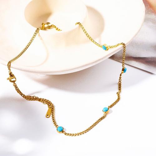 Titanium Steel Jewelry Necklace, with turquoise, with 6cm extender chain, Vacuum Ion Plating, for woman, golden cm 