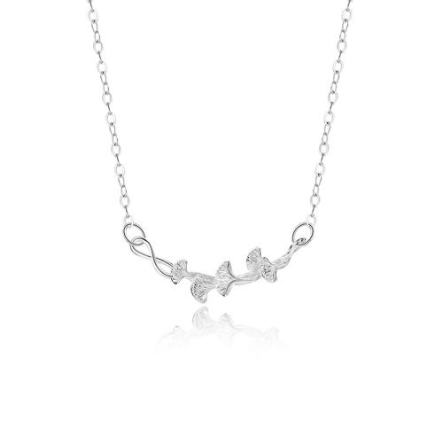 925 Sterling Silver Necklace, with 2.2inch extender chain, Ginkgo Leaf, cross chain & for woman, silver color Approx 15 Inch 