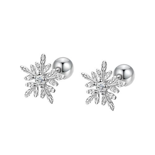 925 Sterling Silver Stud Earring, Snowflake, platinum plated, for woman & with rhinestone 