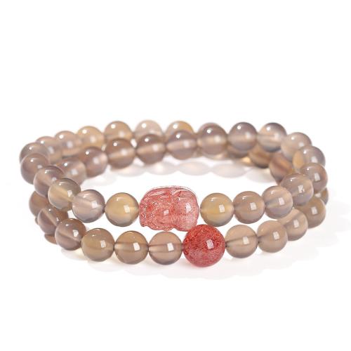 Grey Agate Bracelet, with Strawberry Quartz, Fabulous Wild Beast, Double Layer & fashion jewelry & for woman Approx 7-7.5 Inch 