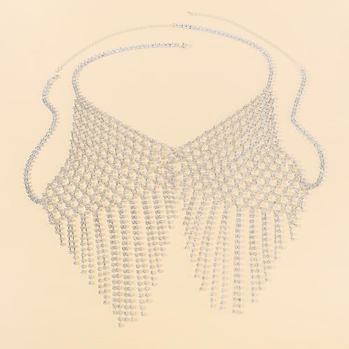 Iron Chest Chain, with Zinc Alloy, for woman & with rhinestone, platinum color 