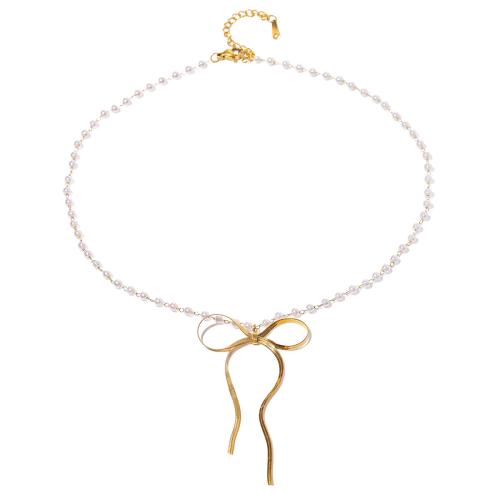 Stainless Steel Jewelry Necklace, 304 Stainless Steel, with Plastic Pearl, with 5.5cm extender chain, 18K gold plated, fashion jewelry & for woman cm 