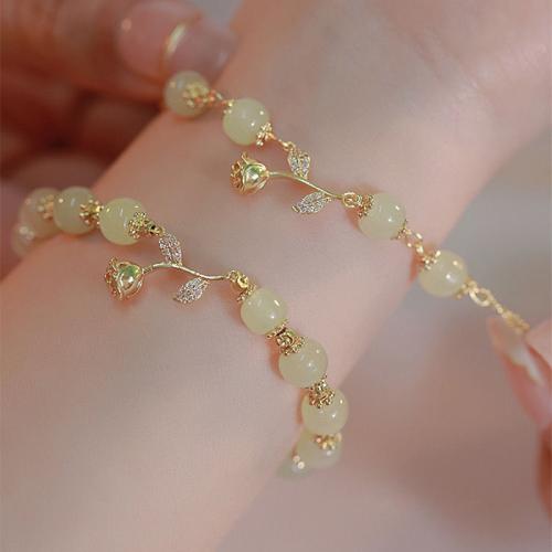 Zinc Alloy Bracelet, with Hetian Jade, Rose, gold color plated & for woman & with rhinestone Approx 6-8 Inch 