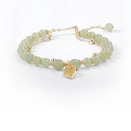 Brass Bracelet, with Hetian Jade, Leaf, gold color plated, Double Layer & for woman & with rhinestone Approx 6-8 Inch 