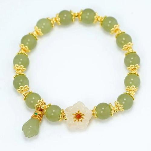 Hetian Jade Bracelet, with Zinc Alloy, Flower, gold color plated & for woman Approx 6-7 Inch [
