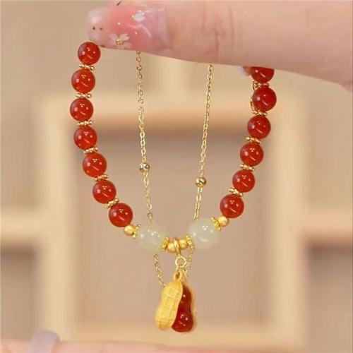 Hetian Jade Bracelet, with Red Agate & Zinc Alloy, with 2inch extender chain, Peanut, gold color plated & for woman Approx 6.7 Inch 