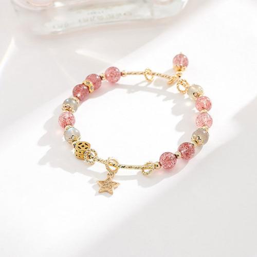 Strawberry Quartz Bracelet, with Moonstone & Brass, Star, for woman & with rhinestone Approx 5.9 Inch 