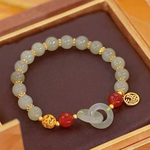 Jade Bracelets, Hetian Jade, with Zinc Alloy, gold color plated & for woman Approx 6-7 Inch [