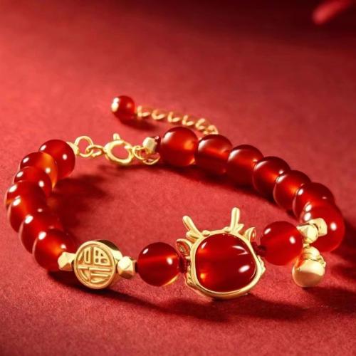 красный агат браслет, с цинковый сплав, Дракон, плакирован золотом, ювелирные изделия моды & Женский, длина:Приблизительно 6-8 дюймовый, продается PC