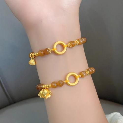 Brass Bracelet, with Hetian Jade, gold color plated & for woman Approx 6-7 Inch [