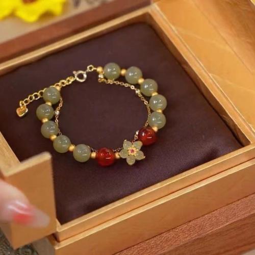Hetian Jade bracelet, avec agate rouge & alliage de zinc, fleur, styles différents pour le choix & pour femme Environ 6-8 pouce, Vendu par PC