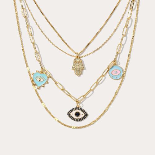 Evil Eye Jewelry Necklace, Brass, real gold plated, fashion jewelry & multilayer & for woman & with rhinestone, golden Approx 51-60 cm 